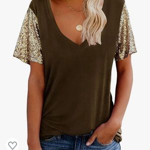 Brown V-neck shirt with gold sequin short sleeves, Topstype size 2XL